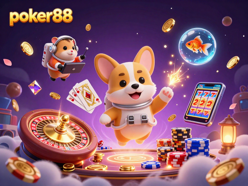 Menikmati permainan poker88 di kasino luar angkasa dengan corgi dan hamster, penuh karakter dan elemen menarik.