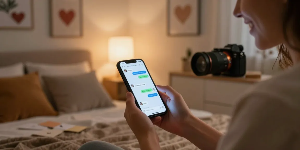 Engaging with sexting AI in a cozy bedroom setting, featuring a glowing smartphone screen and romantic decor.