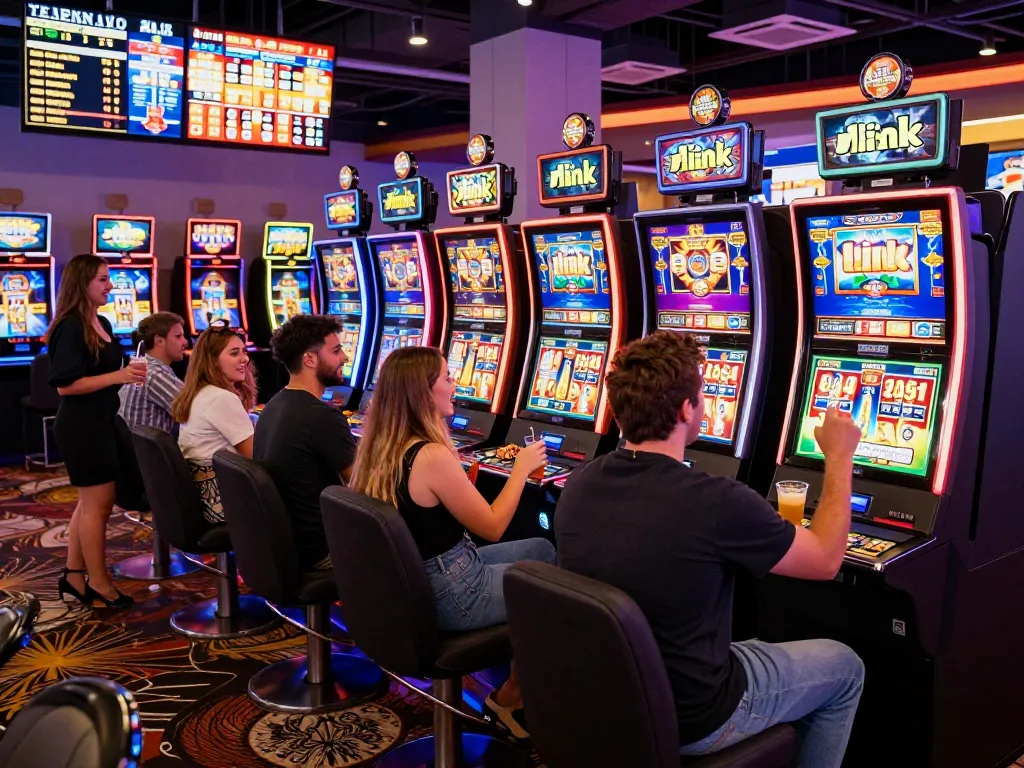 Sahabat menikmati sesi meriah di mesin slot link yang penuh warna di kasino.
