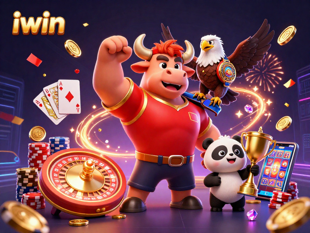 Engaging casino illustration featuring iwin's bull mascot celebrating amidst casino elements and rich prizes.