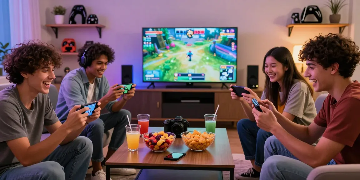Excited friends playing Raja Game login together in a cozy living room.