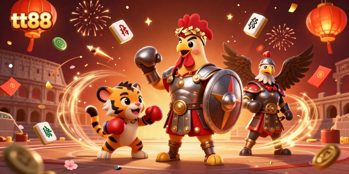 Engage with tt88 as the gladiator rooster battles in a vibrant 3D casino arena.