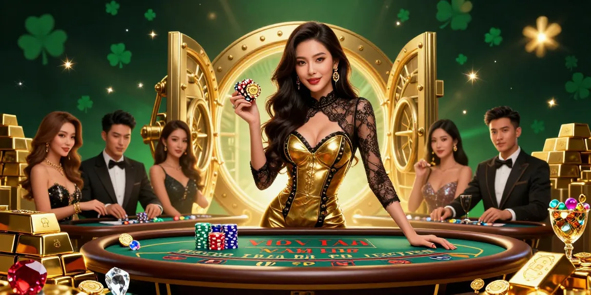 C168 casino scene with a glamorous Asian woman holding chips at a baccarat table under a treasure vault, radiating excitement.