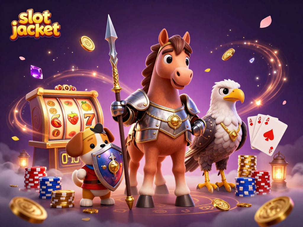 Experience the excitement of slot jackpots with a 3D illustration featuring medieval characters amidst cascading coins and spinning reels.