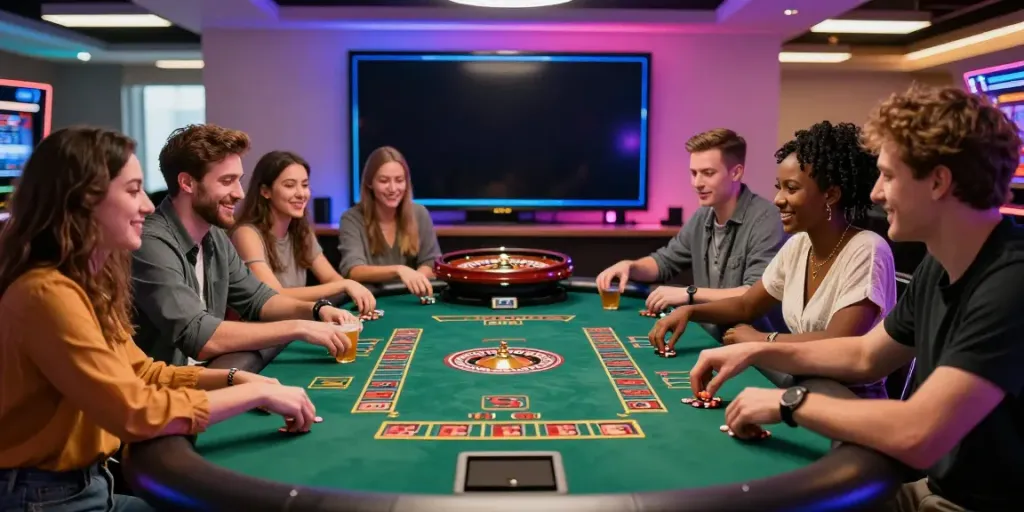 Exciting online casinos scene with friends playing games, showcasing vibrant atmosphere and engaging activities.