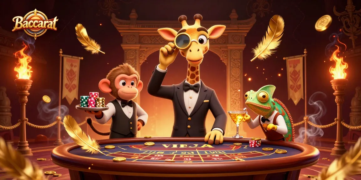 Baccarat scene with a high-roller giraffe, a monkey valet, and a chameleon bartender set in a vibrant casino atmosphere