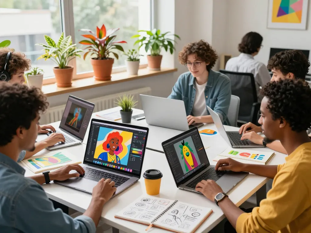 Digital artists collaborating on nano banana AI editing workspace