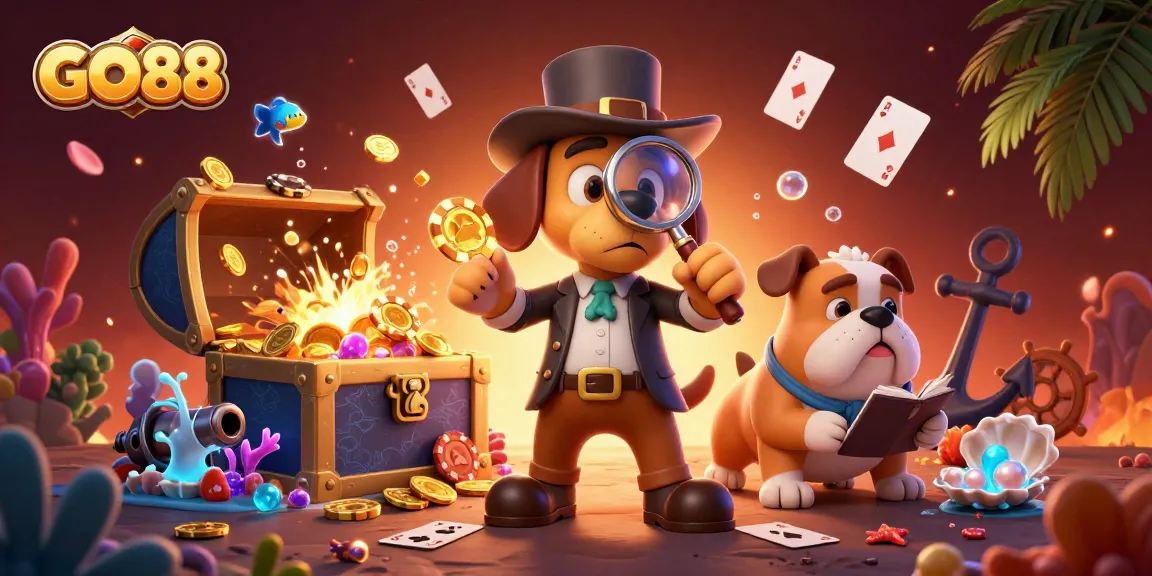 Experience exciting treasures with GO88 in this vibrant casino-themed illustration.