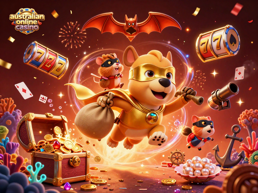 Play exciting slots at this australian online casino, featuring a superhero dog with gold coins.
