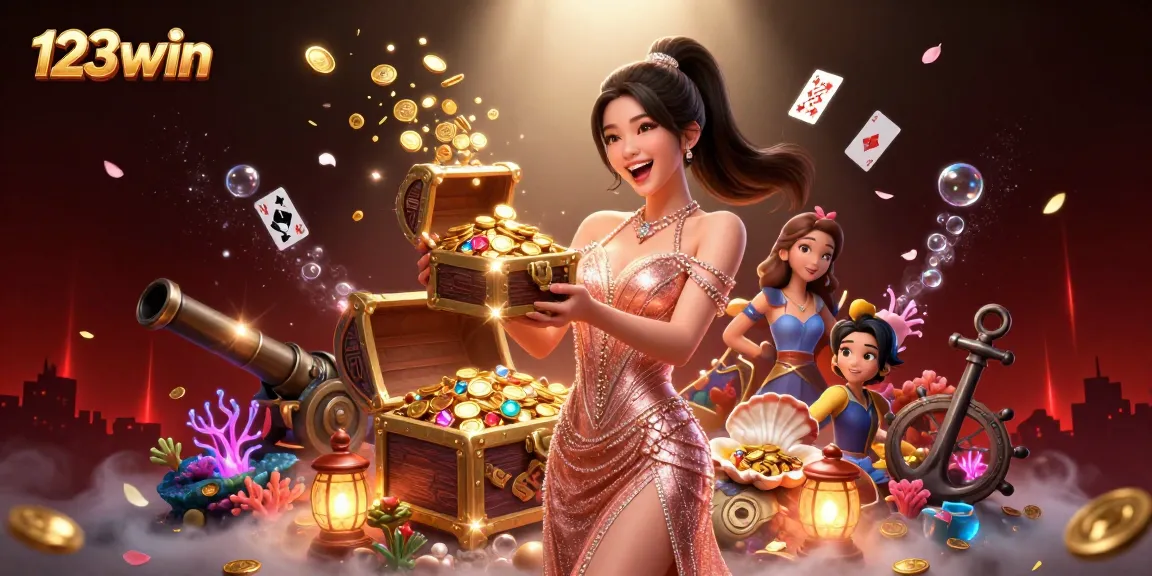 Experience thrilling wins at 123win with a joyful treasure chest reveal amidst vibrant casino elements.