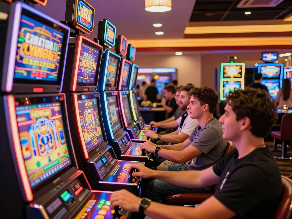 Players enjoying colorful slot machines at Casinosscope, showcasing vibrant gaming atmosphere.