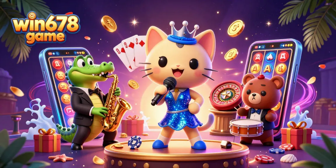 Experience the excitement of the win678 game with colorful slots and lively casino characters!