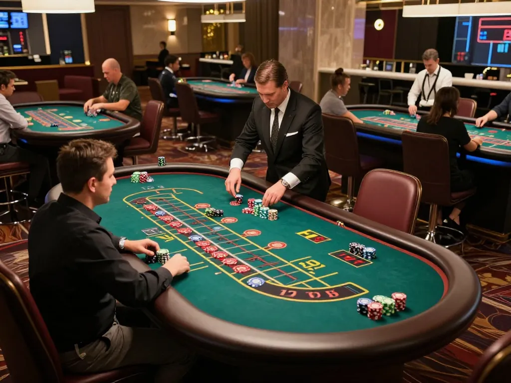 Players eagerly betting at a roulette table in the vibrant F8 BET casino, showcasing excitement and strategy.