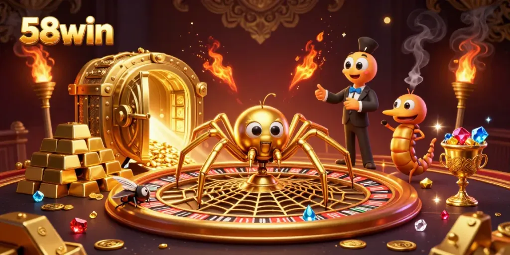Bet on 58win and win big with a colorful casino scene featuring a golden spider and exciting treasures.