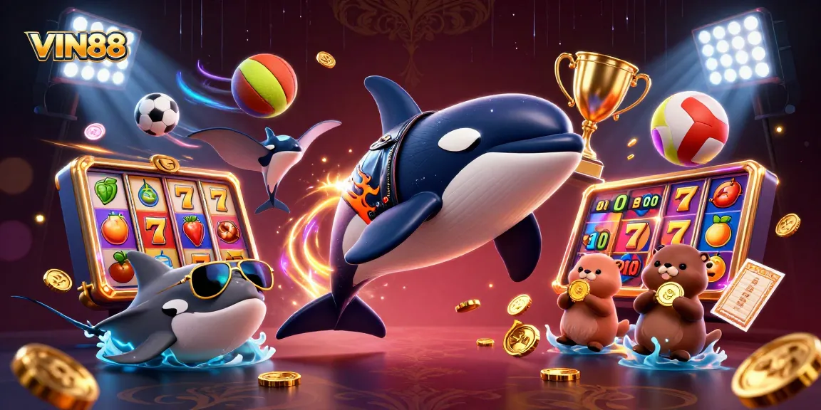 Experience thrilling moments at VIN88 with a vibrant 3D casino scene bursting with energy.