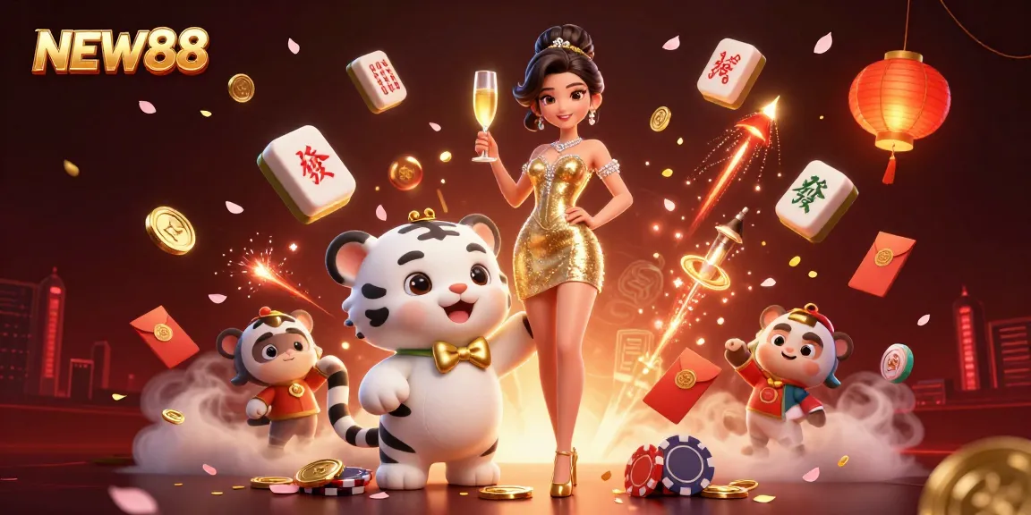Experience the excitement of NEW88, featuring a glamorous woman and a lucky tiger cub in a vibrant casino setting.