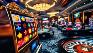 Experience slot gacor hari ini with vibrant slot machines in a luxurious casino setting.