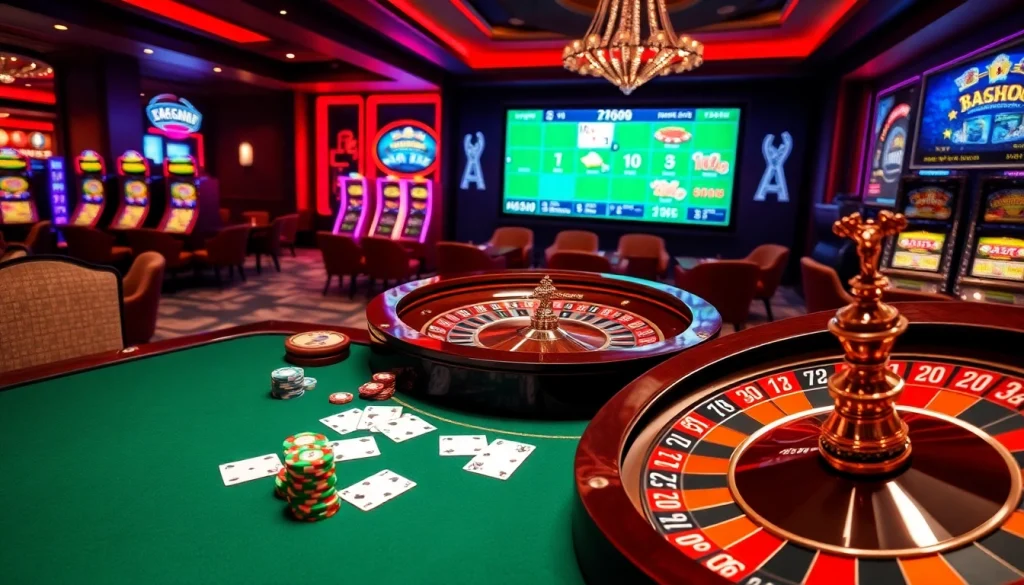 Experience thrilling gaming at 789win com with a vibrant poker table and roulette wheel.
