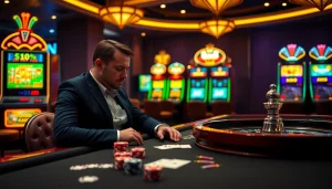 Experience the thrill of gaming at NOHU90 with a luxury casino setting featuring poker chips and cards.