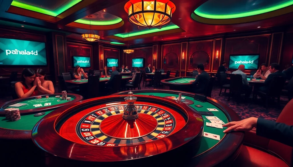 Pahala4d players excitedly engaging with a luxurious casino atmosphere filled with cards and poker chips.