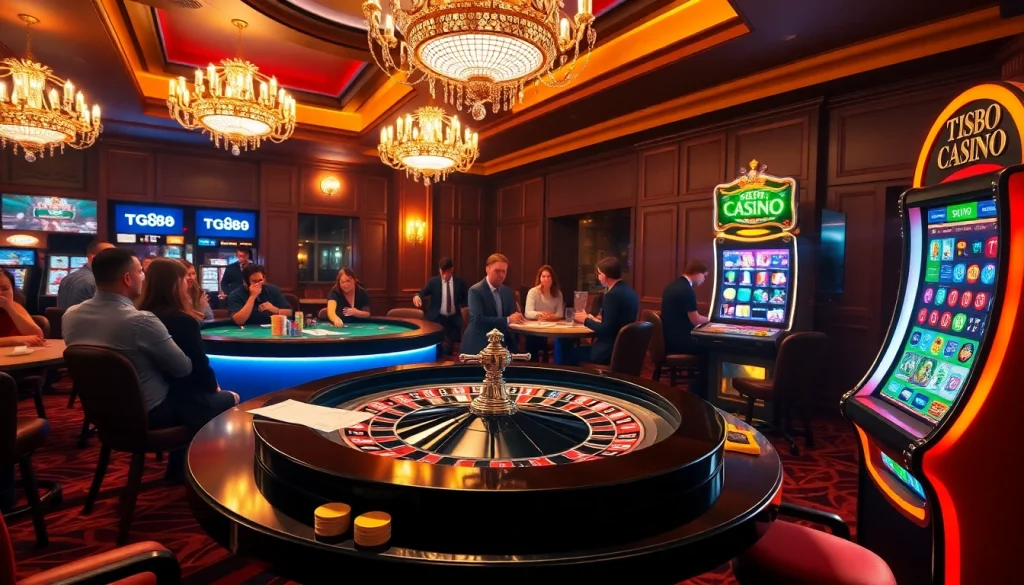 Players revel in a vibrant casino scene with tg88 signage, featuring roulette and poker tables.