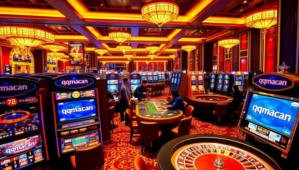 Engaging in thrilling slot games at qqmacan's vibrant casino.