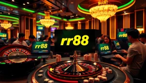 rr88 casino scene with players engaging at roulette and poker tables, showcasing excitement and luxury