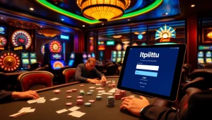 Experience the excitement of the ktpjitu login interface at a luxurious casino table featuring slot machines.