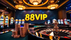 Experience the excitement of 68VIP with vibrant casino action, featuring poker chips and roulette.
